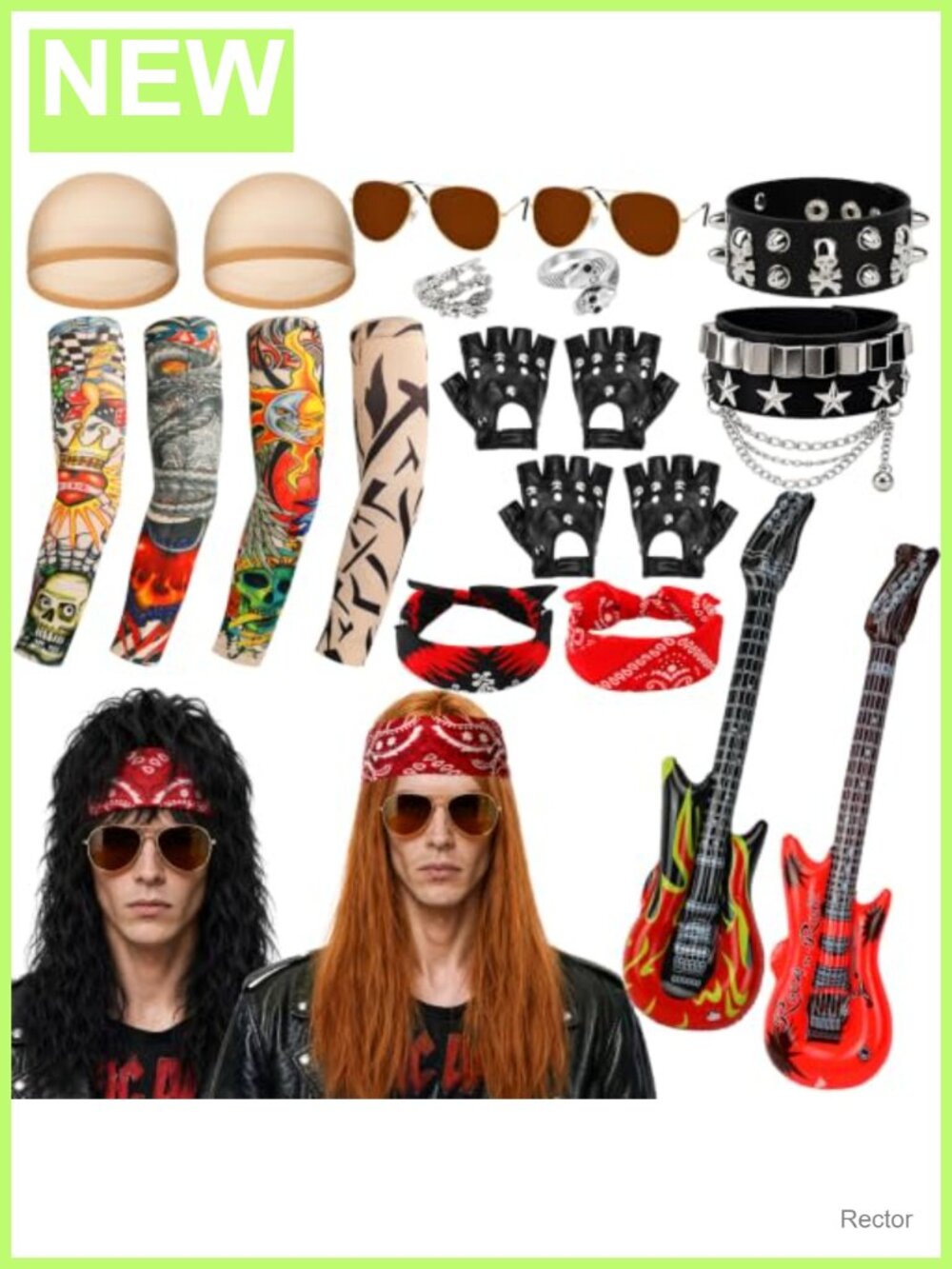 22 Pc 80s Rock Star Costume Set with Wigs & Inflatable Guitars